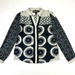 Desigual Silk Blend Blouse M Black White Geometric Print Button Tab Sleeve Top